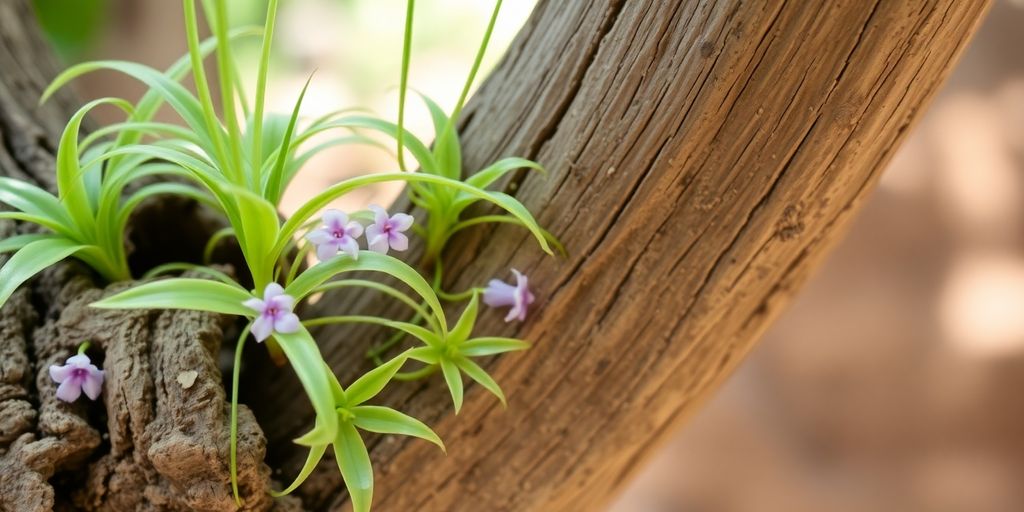 Tillandsias verdes floreciendo en tronco.