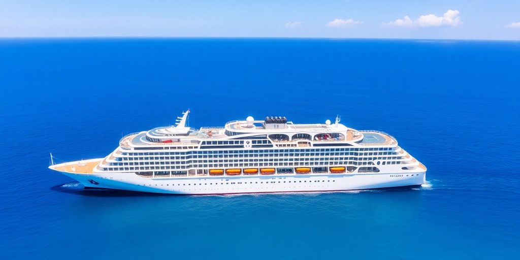 Modern cruise ship sailing on tranquil blue sea.