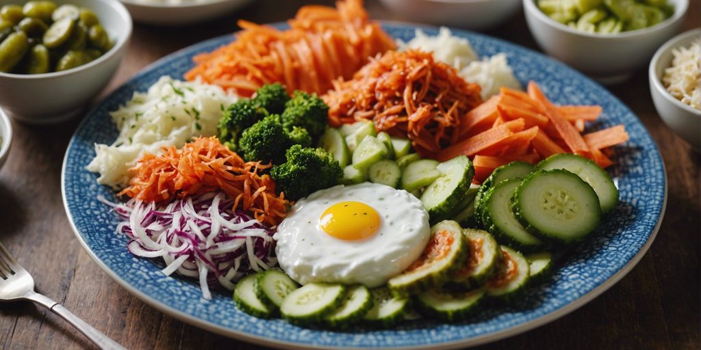 A colorful plate of probiotic and fermented foods including yogurt, kimchi, sauerkraut, and pickles, promoting gut health.