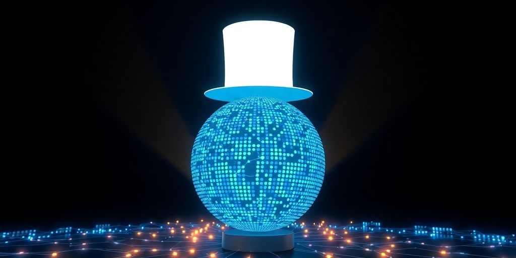 White top hat above pixelated blue-green globe glowing golden light