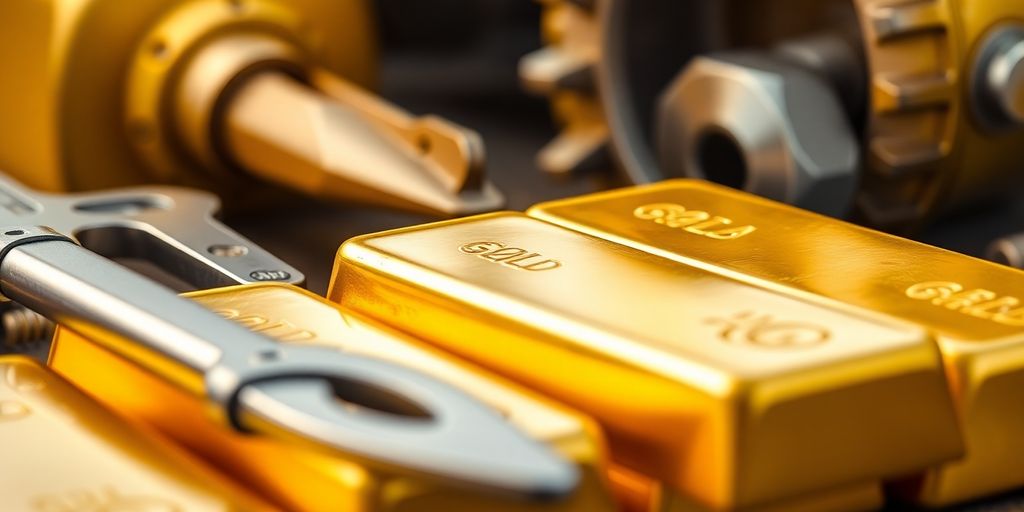 Barres d'or et outils industriels en arrière-plan.