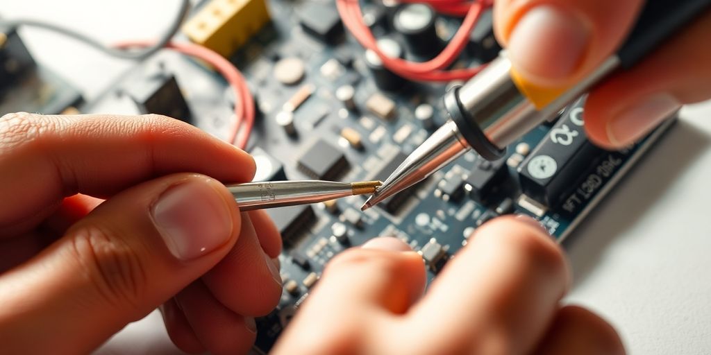 Electronic technician working on circuit board.