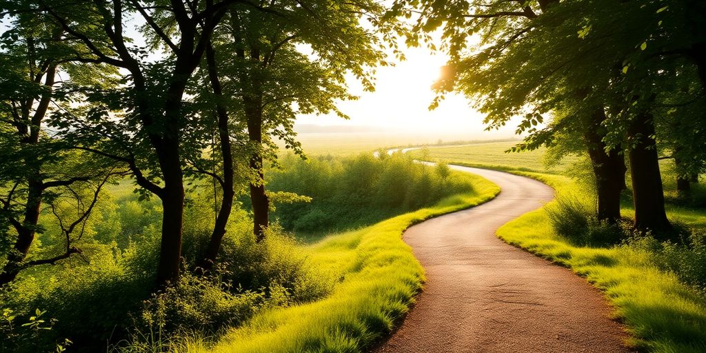 A peaceful path through greenery towards a bright horizon.