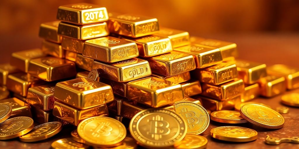 Lingots et pièces d'or brillant sur fond sombre.