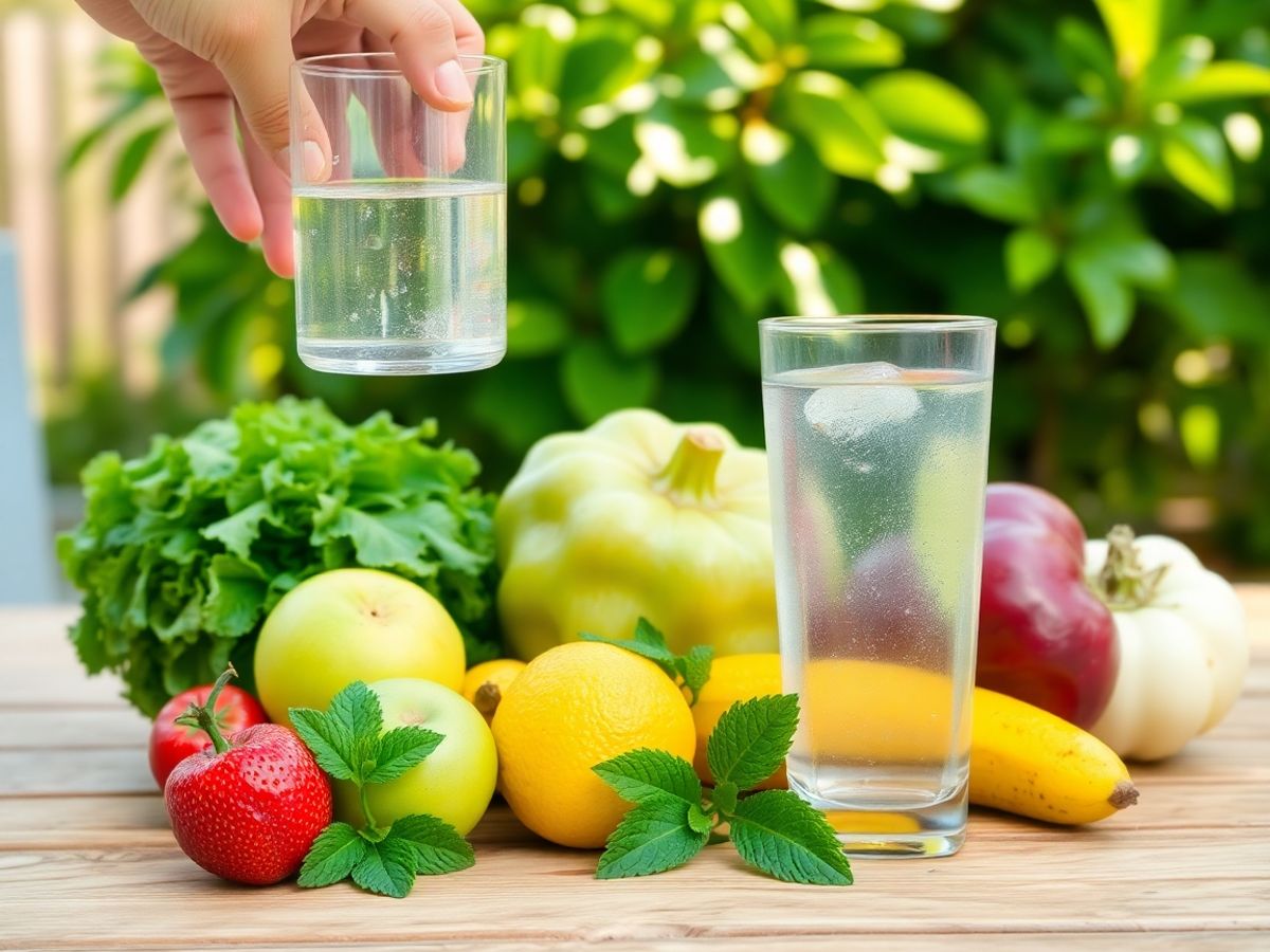 Mână ținând pahar cu apă, fructe și legume proaspete colorate