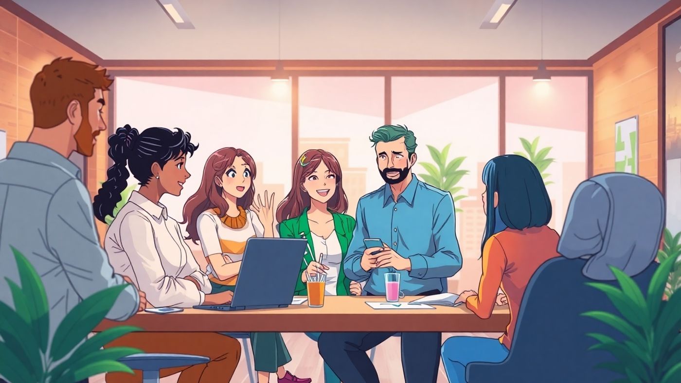 Anime characters collaborating in a modern office setting.