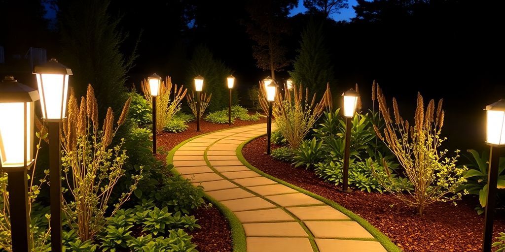 Path illuminated by elegant post lights at dusk.