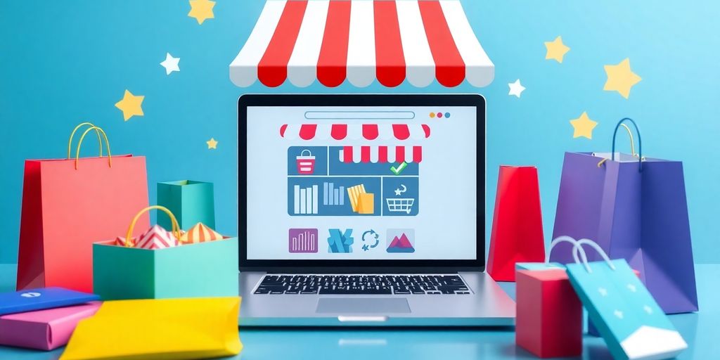 Imagem de uma loja virtual com produtos e sacolas.