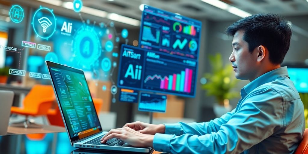 Person using laptop with AI tools in a bright office.