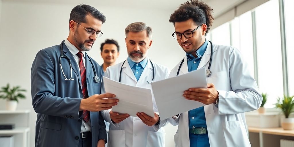 Doctors discussing financial documents in a modern office.
