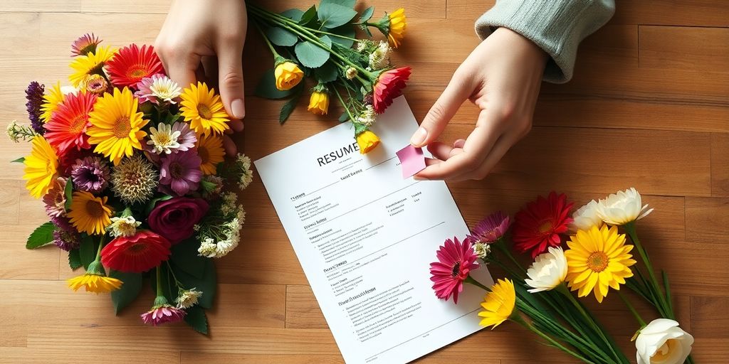 Person arranging flowers with resume on table.