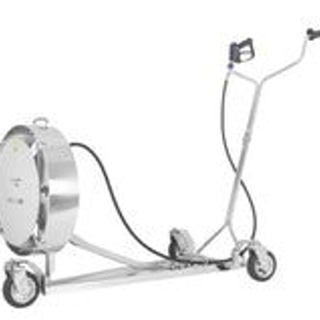 A wheeled machine with a circular head and handle.