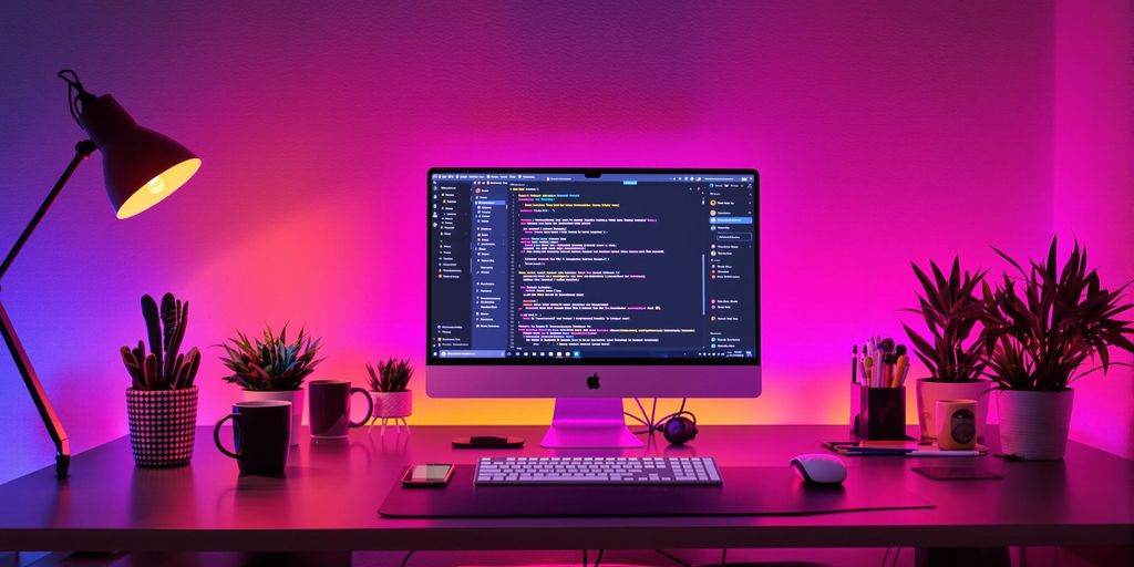 A modern computer workspace with vibrant colors.