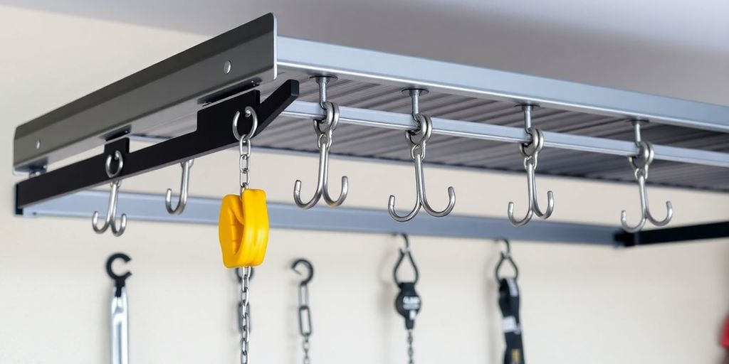 Heavy-duty hooks on a garage storage rack.