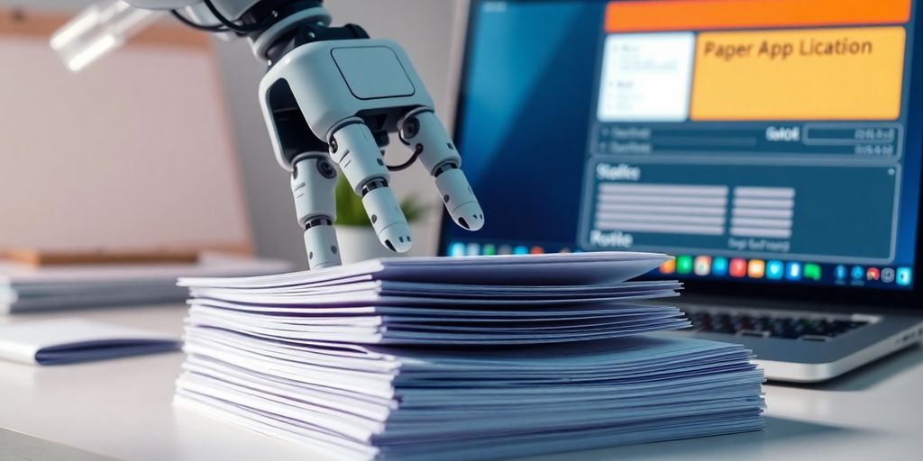 Robotic arm sorting resumes with laptop.