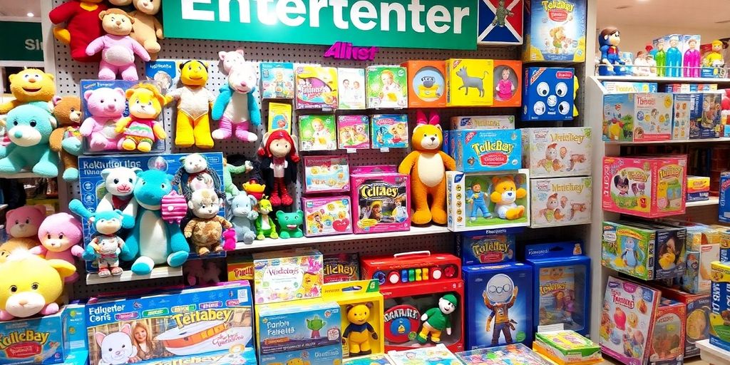 Colourful toys displayed in a family-friendly shop.