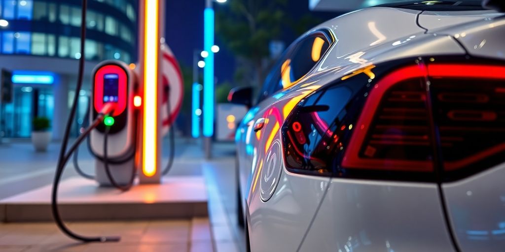 Electric vehicle charging at a modern station with vibrant lighting.