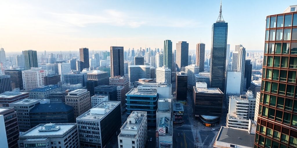 Tokyo skyline with modern office buildings and bustling streets.