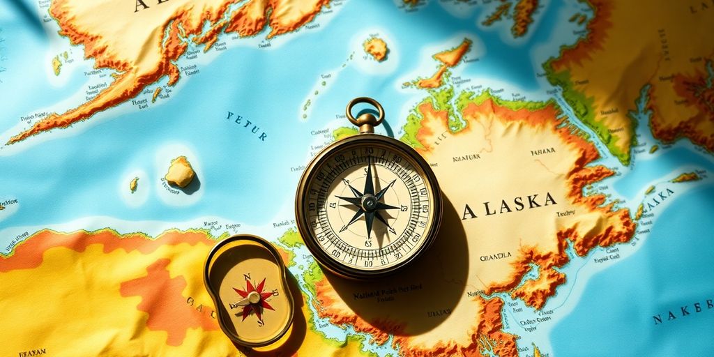 A detailed topographic map of Alaska with a brass compass.