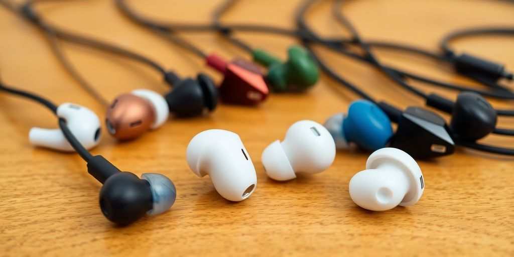 Verschiedene In-Ear Kopfhörer auf einem Holztisch.