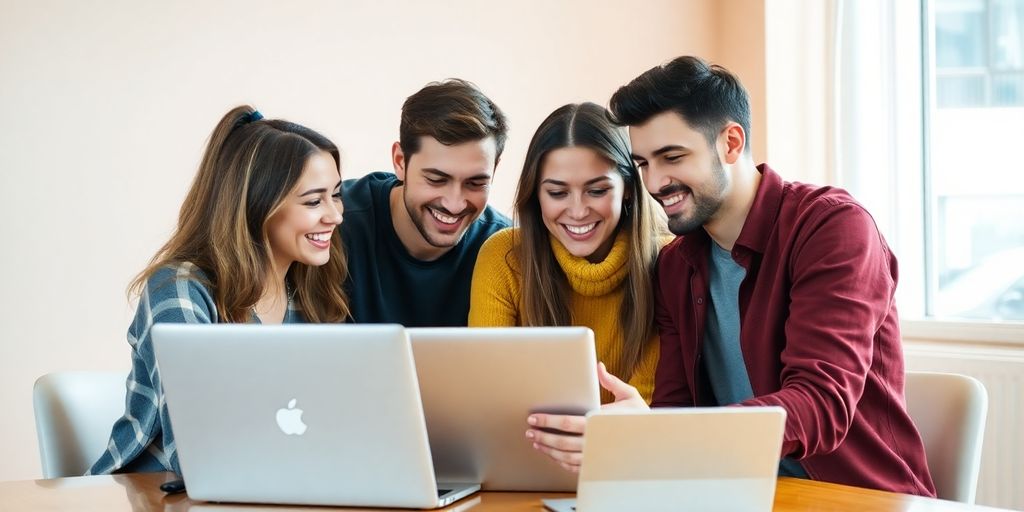 Amigos colaborando em um blog com um laptop.