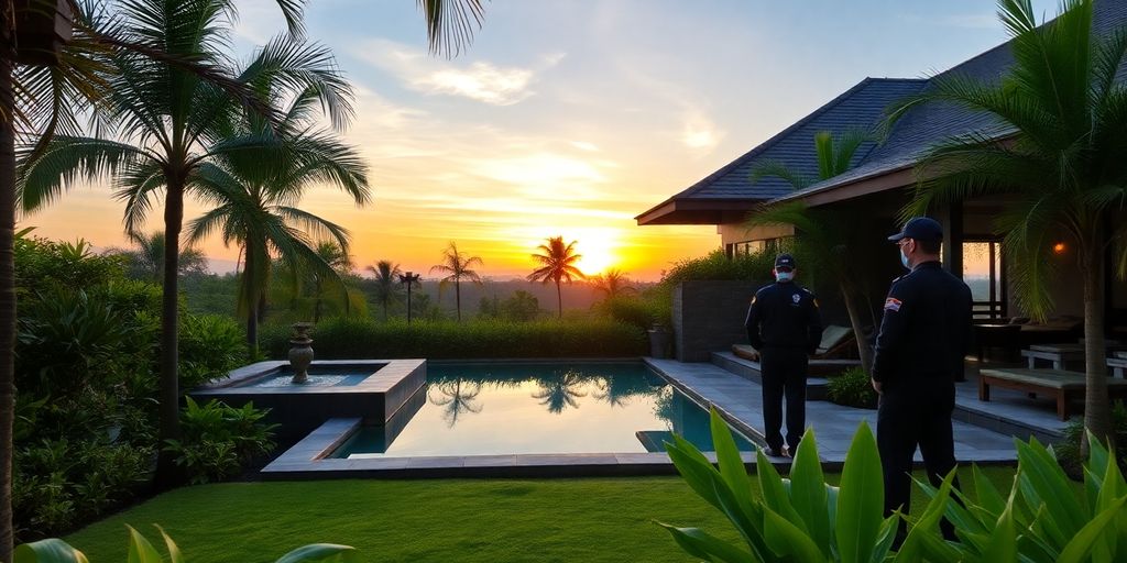 Bali villa with security personnel in serene setting.