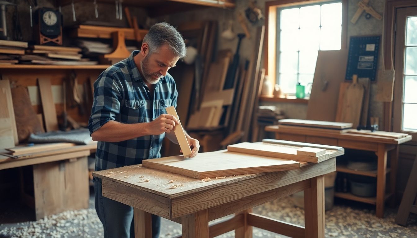 Carpenter working on wood in a bright workshop.