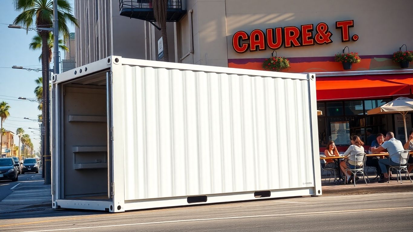 Refrigerated shipping container parked outside a Los Angeles restaurant.