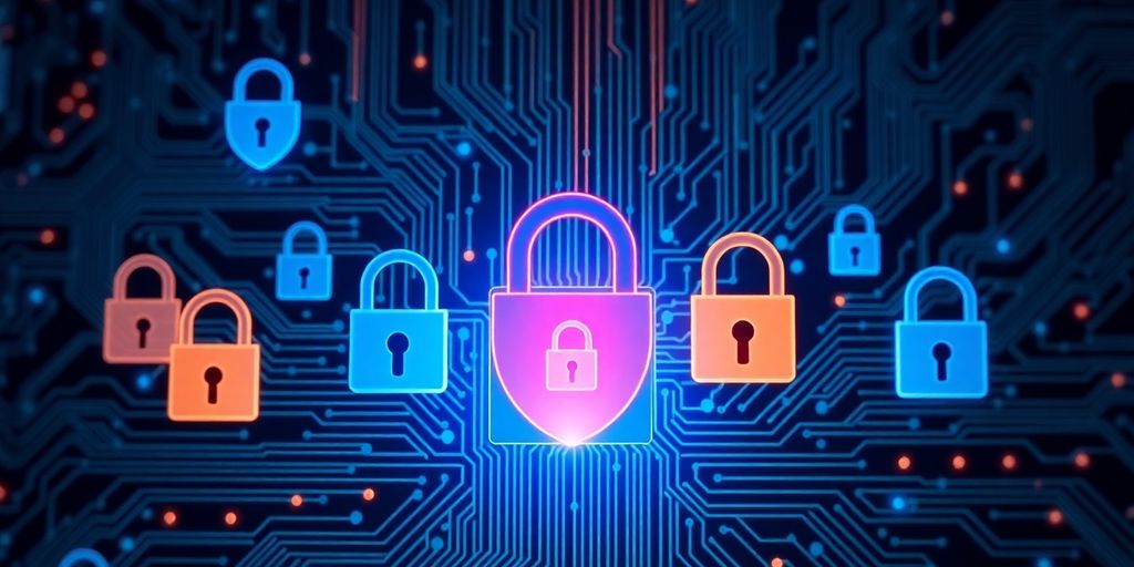 Digital locks and shields on a circuit board background.