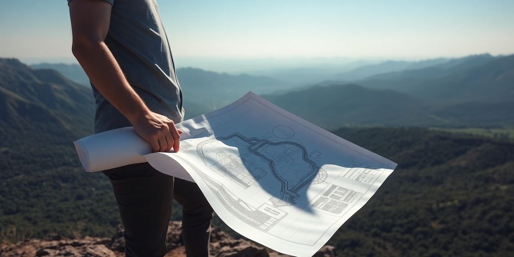 Person standing on mountain, looking at blueprint.
