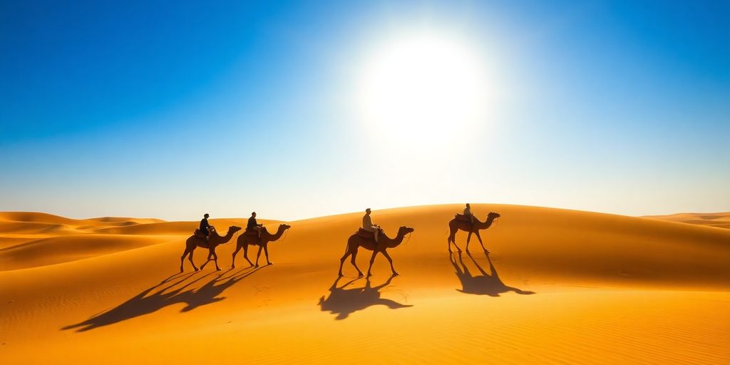 Camels walking across golden desert dunes under a bright sun.