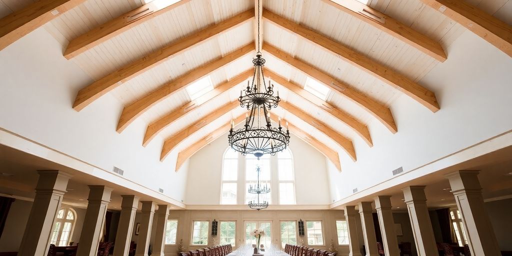 Dining room with towering vaulted ceiling, elegant chandelier.