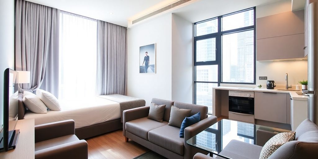 Stylish serviced apartment interior for business travellers.