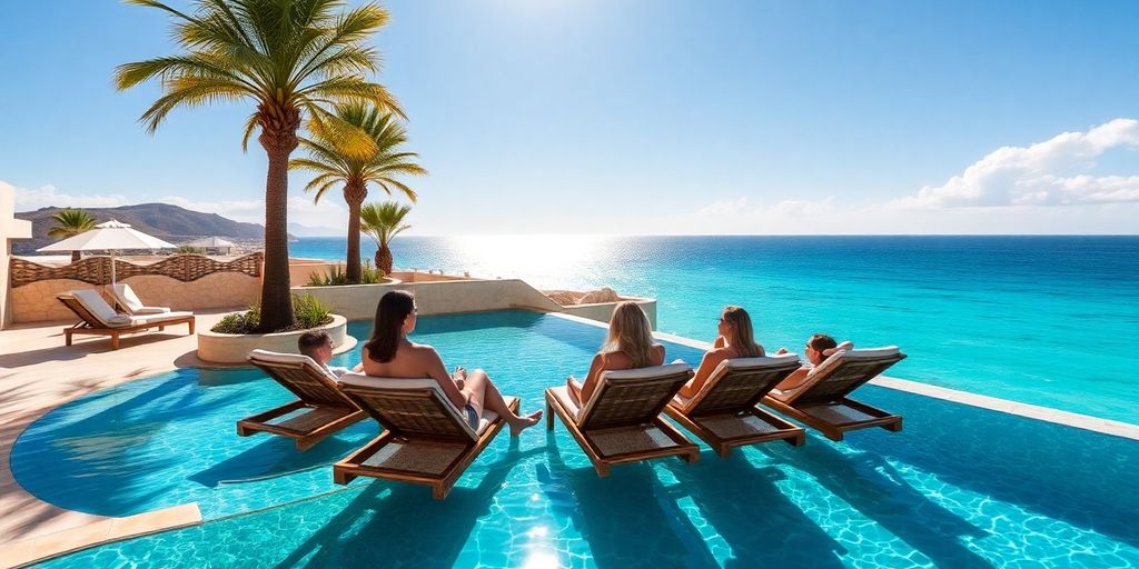 Luxurious villa pool with ocean view for bachelorette party.
