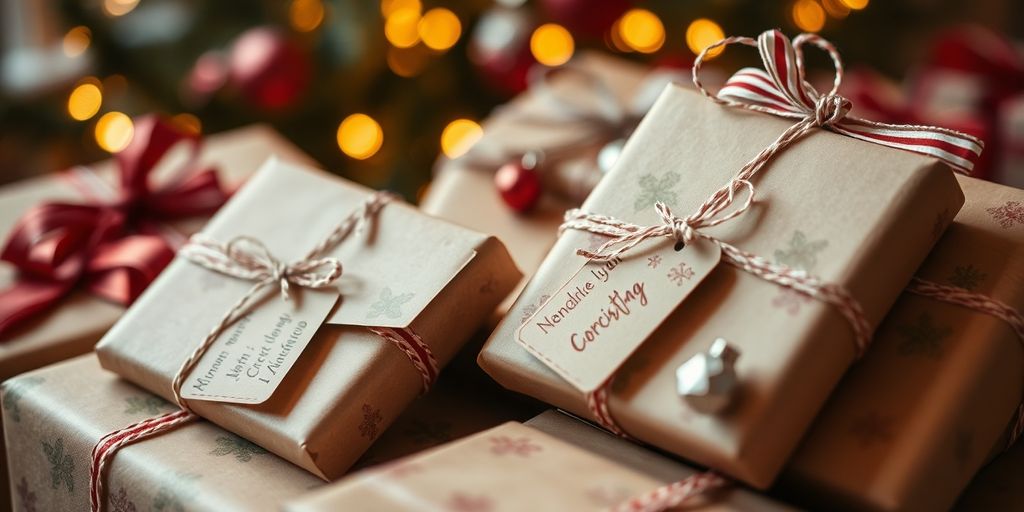 Christmas gifts with personalized tags and festive decorations.