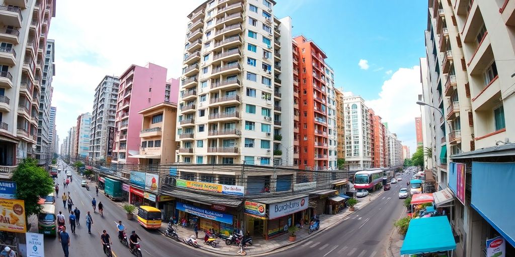 Bustling Bangkok street filled with apartment buildings and life.