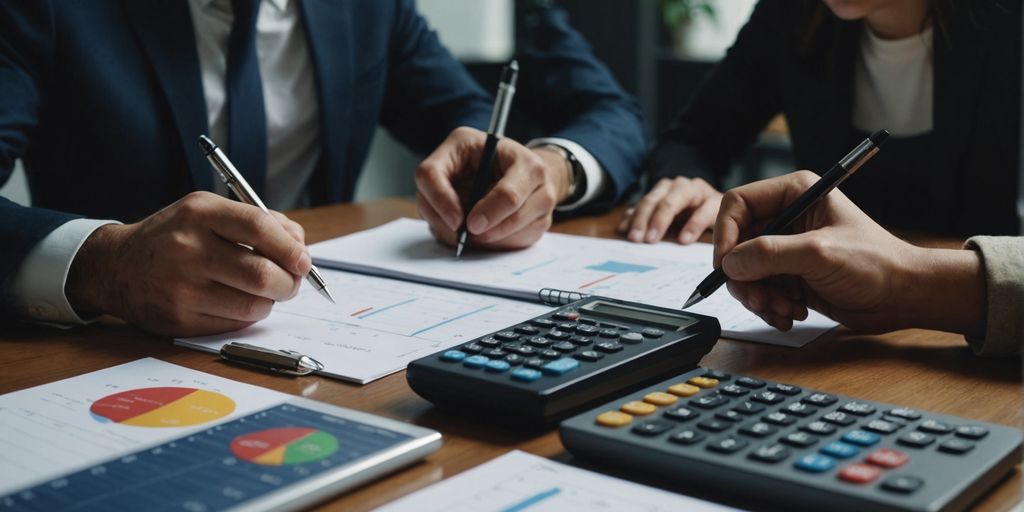 Group managing finances with charts and calculators