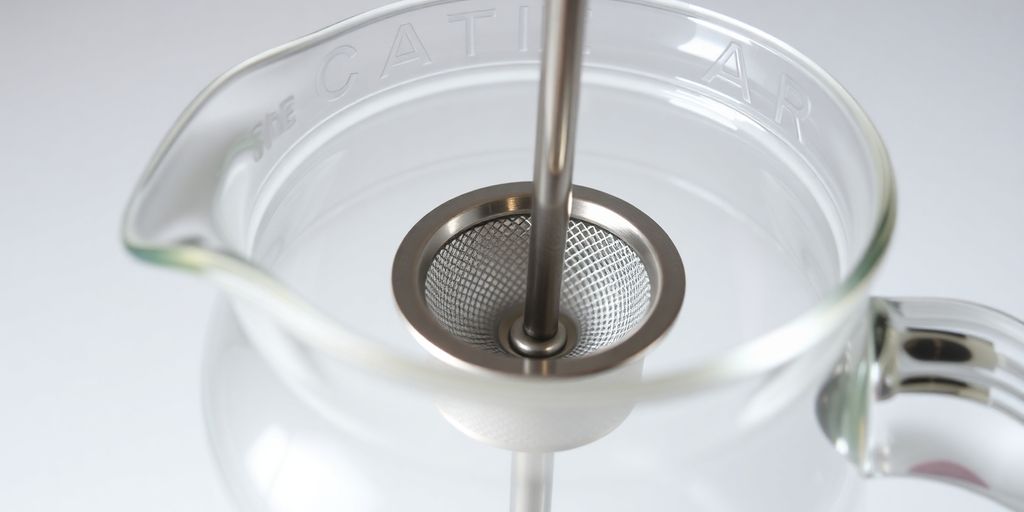Glass carafe with a stainless steel plunger.