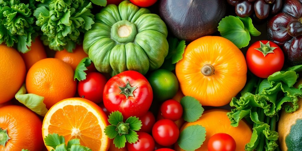 Frutas e vegetais ricos em vitaminas essenciais.