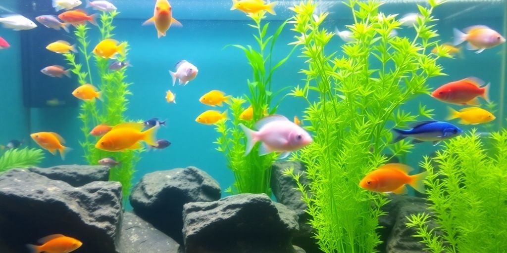 Peces coloridos nadando en un acuario de agua dulce exuberante.