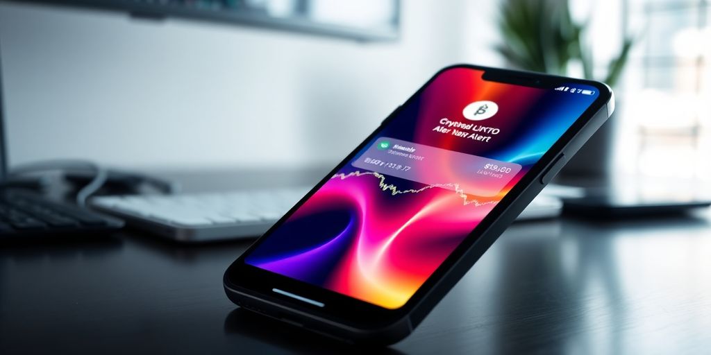 Smartphone with cryptocurrency alert notifications on screen.