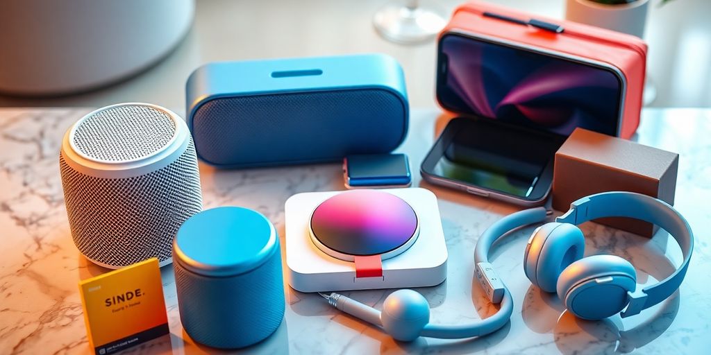 Colorful tech gadgets arranged elegantly on a table.