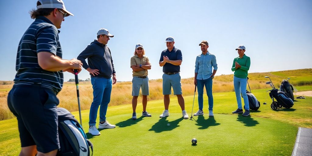 Golf instructor teaching students at a driving range.