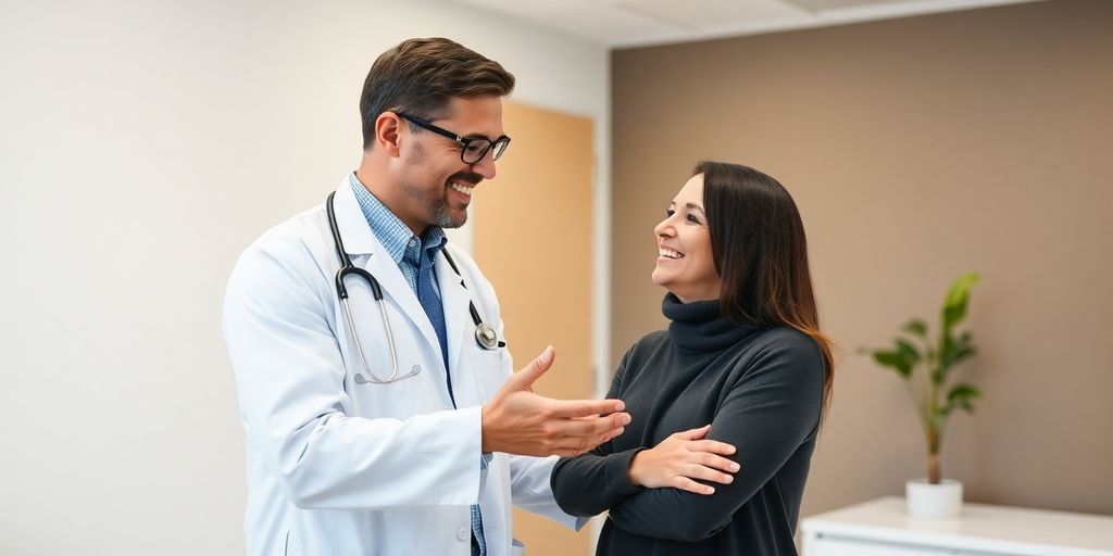A doctor and patient interacting in a bright, modern clinic.