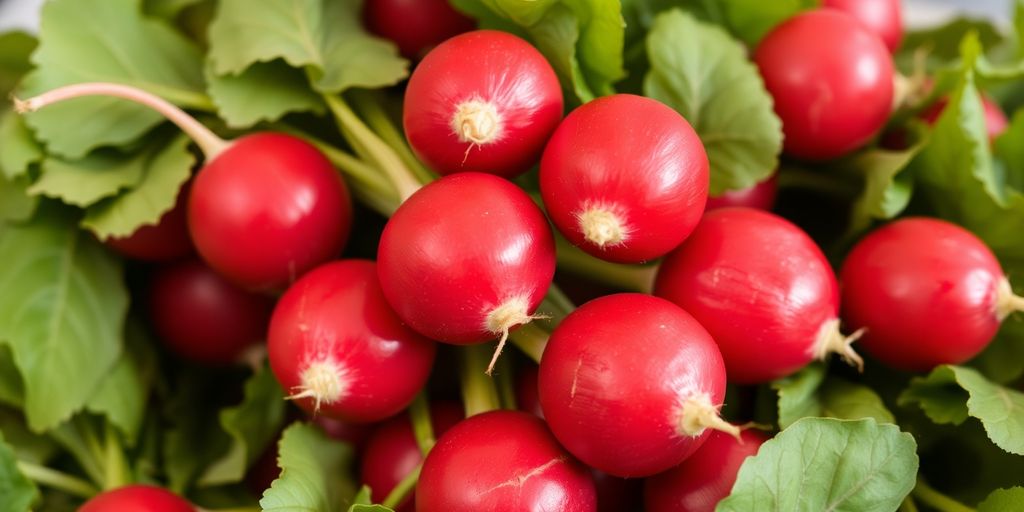 Frisch geerntete, rote Radieschen mit grünen Blättern.