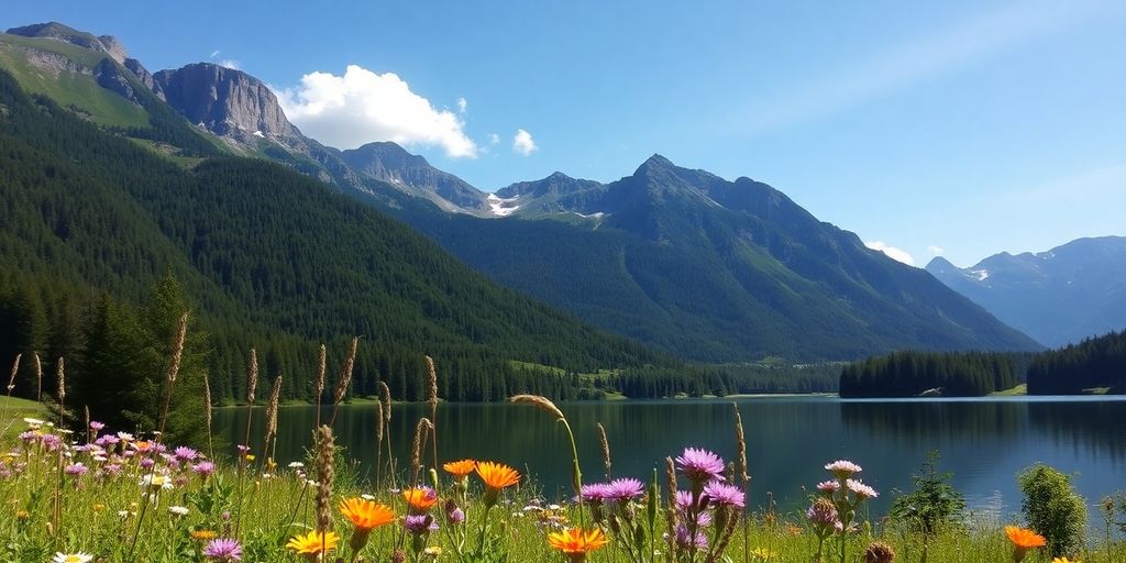 Landschaft mit Bergen, Wäldern und klarem Himmel in Bayern.
