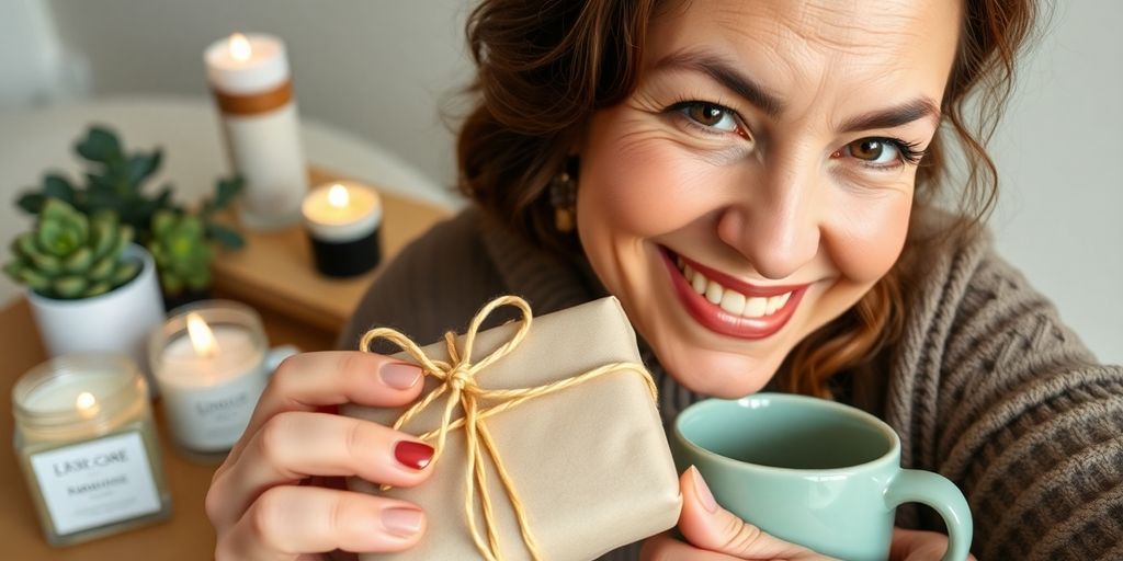 Teacher smiling, holding gift, surrounded by self-care items.