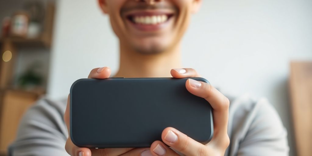 Person smiling, holding a product.
