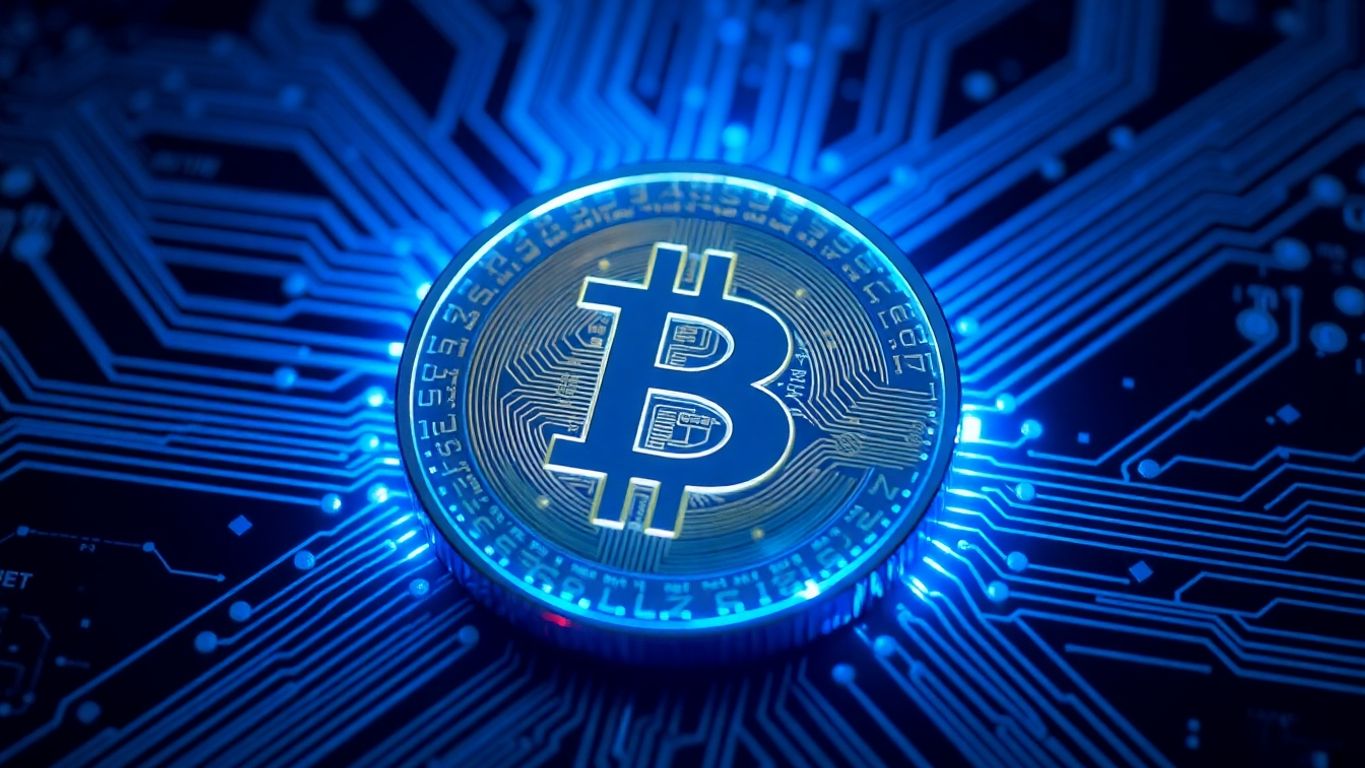 Futuristic cryptocurrency coin with glowing blue light.