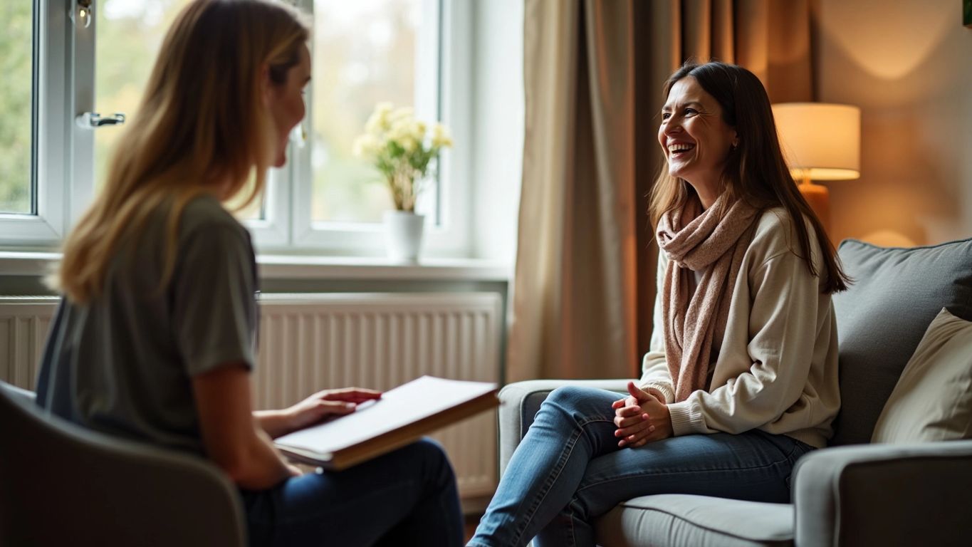 Person talking to therapist in cozy room.